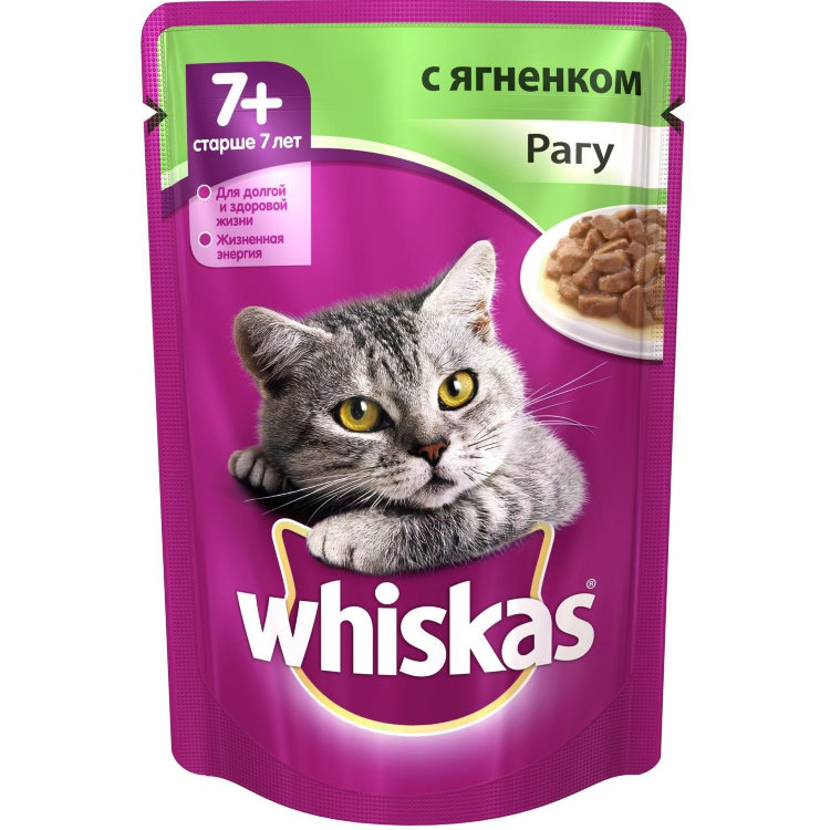 Whiskas паучи в форме рагу с мясом ягненка для пожилых кошек старше 7 лет