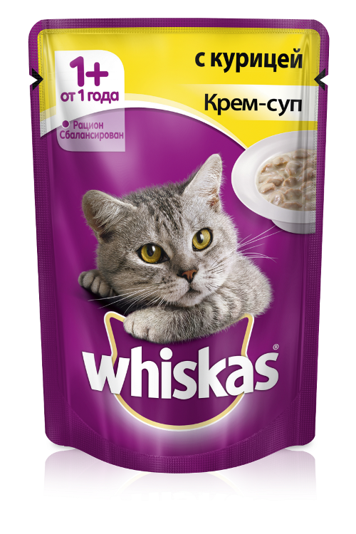 Whiskas влажный полнорационный сбалансированный корм в форме крема-супа с курицей в сливочном соусе для взрослых кошек от 1 года