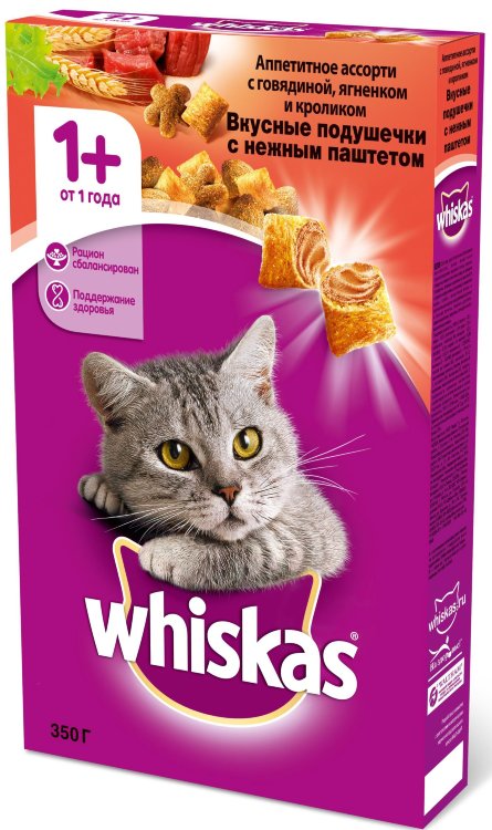 Whiskas вкусные подушечки с нежным паштетом, аппетитное ассорти с говядиной, ягненком и кроликом для взрослых кошек старше 1 года