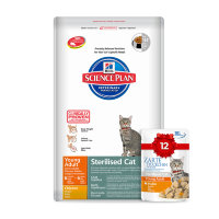 Hill's Science Plan Sterilised Cat сухой корм с курицей 8 кг + пауч с курицей 85 г х 12 шт для молодых кошек от 6 месяцев до 6 лет