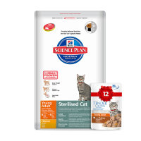 Hill's Science Plan Sterilised Cat сухой корм с курицей 8 кг + пауч с индейкой 85 г х 12 шт для молодых кошек от 6 месяцев до 6 лет