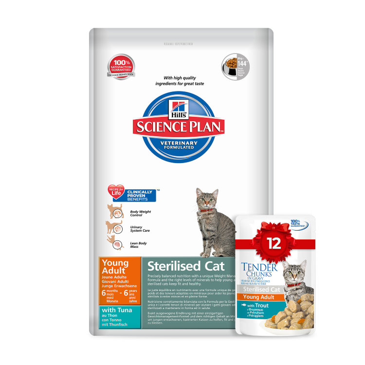 Hill's Science Plan Sterilised Cat сухой корм с тунцом 8 кг + пауч с форелью 85 г х 12 шт для молодых кошек от 6 месяцев до 6 лет  