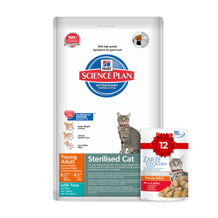 Hill's Science Plan Sterilised Cat сухой корм с тунцом 8 кг + пауч с лососем 85 г х 12 шт для молодых кошек от 6 месяцев до 6 лет 