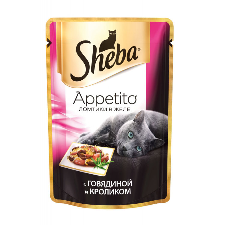 Sheba "Appetito" паучи в форме ломтиков говядины и кролика в желе для взрослых кошек 